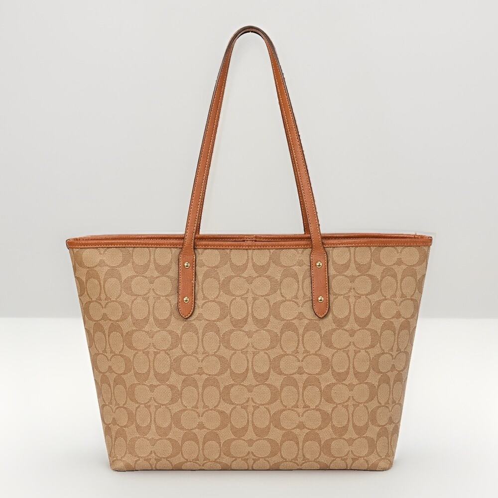 Coach Signature C City Tote Bag Brown Tan Leather Large Y2K Shoulder Purse - Picture 3 of 11